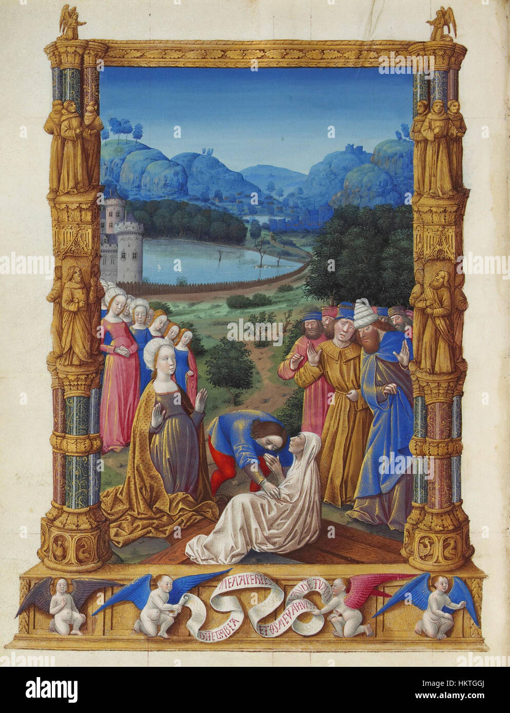 Un'illustrazione tratta da un manoscritto storico, Folio 133v, raffigurante l'evento religioso di "rivelazione della vera Croce". L'opera d'arte evidenzia un momento significativo nella storia cristiana, catturando la scena in uno stile dettagliato e simbolico. Foto Stock