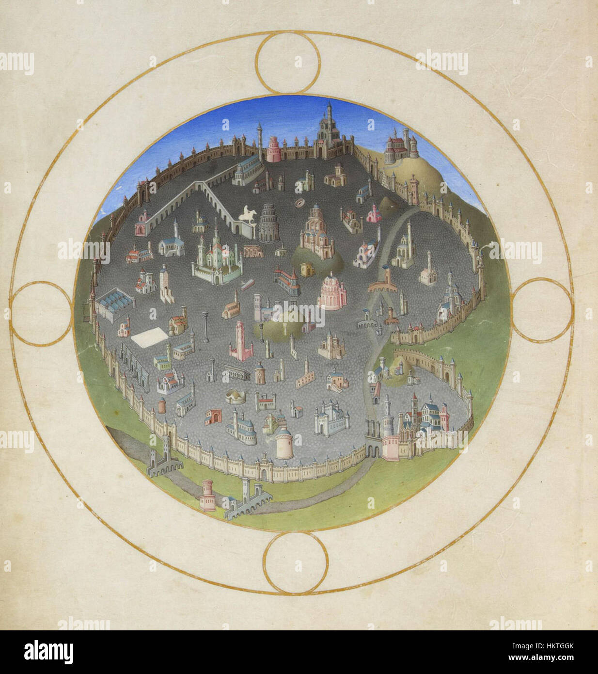 Folio 141v presenta un dettagliato piano di Roma, che mostra la disposizione dell'antica città durante un periodo specifico. Questa mappa offre informazioni preziose sulla pianificazione urbana romana e sullo sviluppo storico della città. Foto Stock