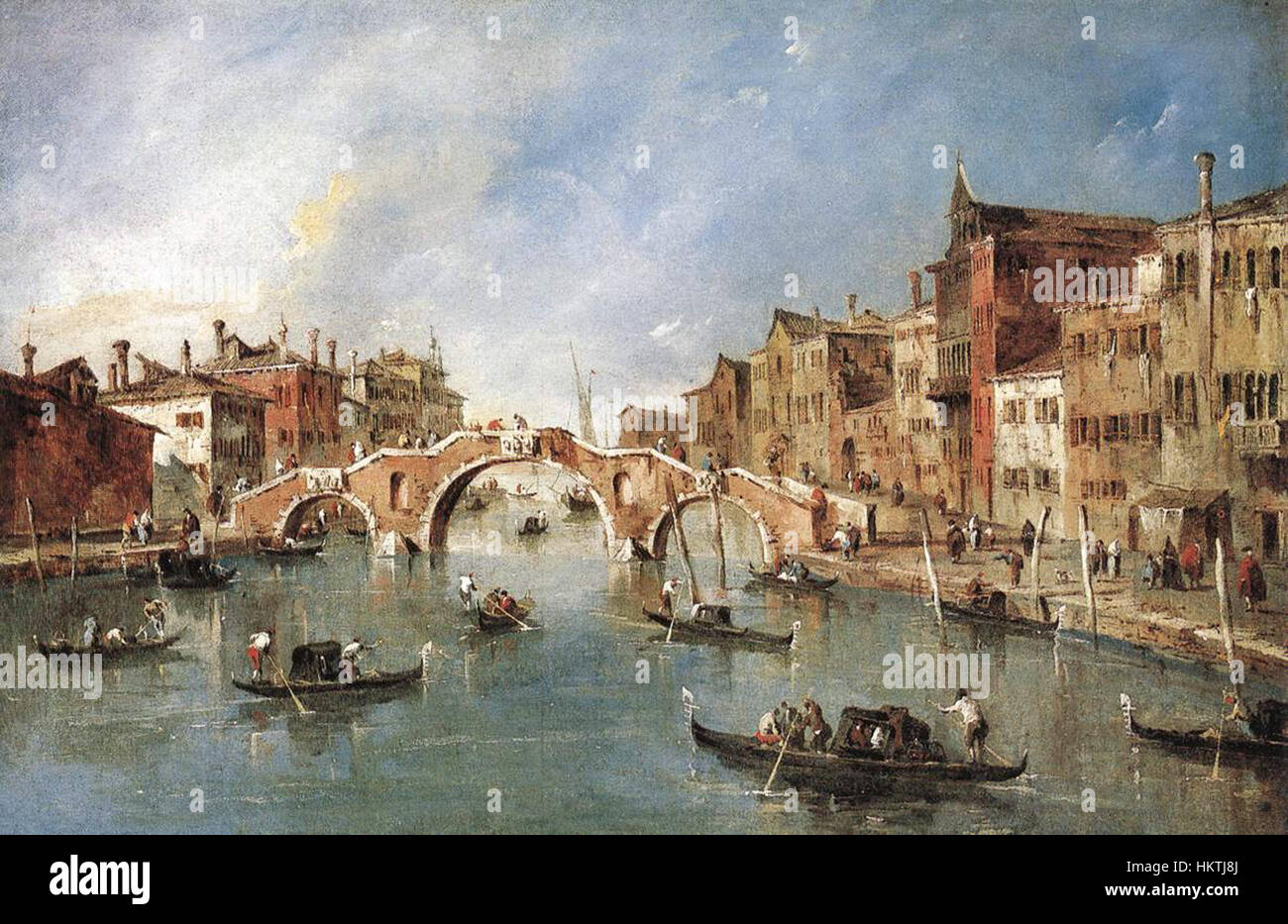 Il "Ponte a tre archi a Cannaregio" di Francesco guardi raffigura un paesaggio veneziano panoramico, che mostra il famoso ponte nel quartiere Cannaregio di Venezia. Conosciuto per la sua maestria di luce e atmosfera, il dipinto di guardi riflette la bellezza della Venezia del XVIII secolo. Foto Stock