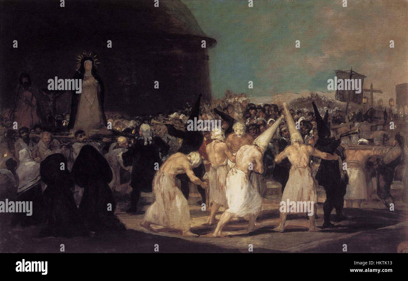Questo dipinto di Francisco de Goya, intitolato "Una processione di flagellanti", ritrae la processione cupa e rituale dei devoti religiosi. Il dipinto riflette l'intuizione di Goya sulla condizione umana e le pratiche religiose del tempo. Foto Stock