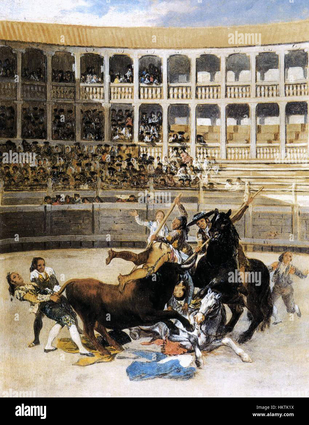 Il "Picador catturato dal toro" di Francisco de Goya cattura un momento drammatico in una corrida, mostrando la capacità di Goya di trasmettere emozioni e tensione attraverso immagini vivide e audaci pennellate. Foto Stock