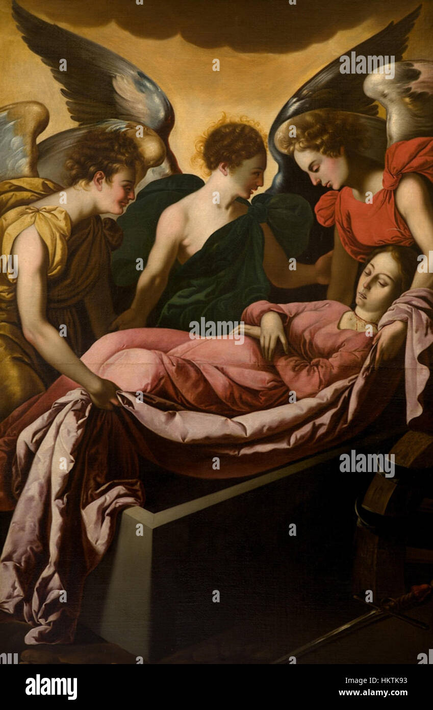 Un dipinto di Francisco de Zurbarán, un artista barocco spagnolo, noto per le sue opere religiose. Questa opera esemplifica la sua abilità nel catturare temi spirituali attraverso luci drammatiche e figure dettagliate. Foto Stock