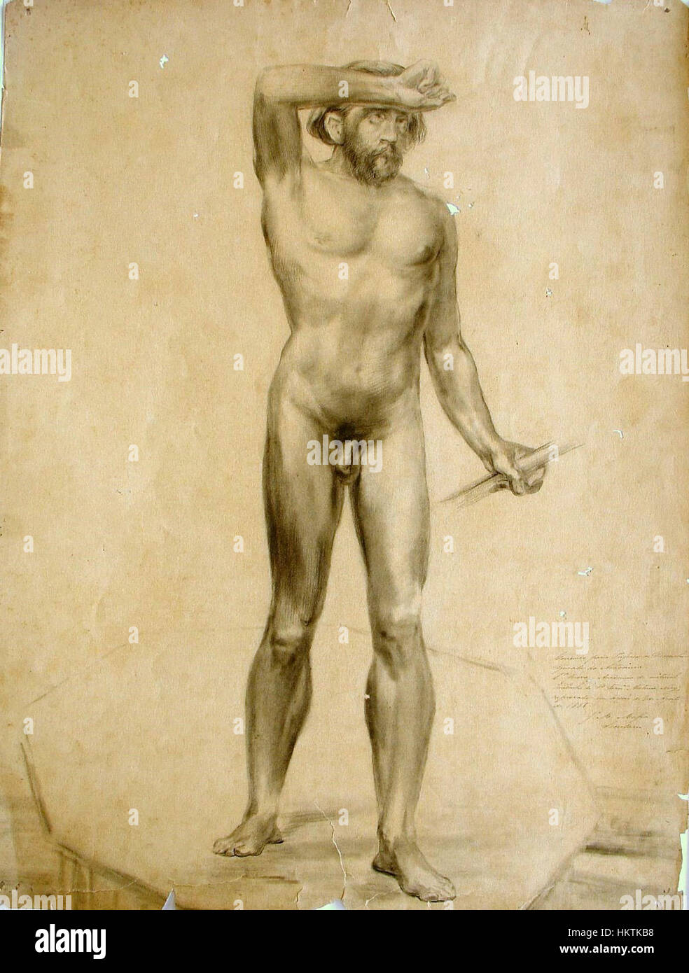 Un disegno di Francisco Nery, con un modello dal vivo, che mette in evidenza le sue abilità nel catturare l'anatomia e la forma umana in uno stile di disegno classico. Foto Stock
