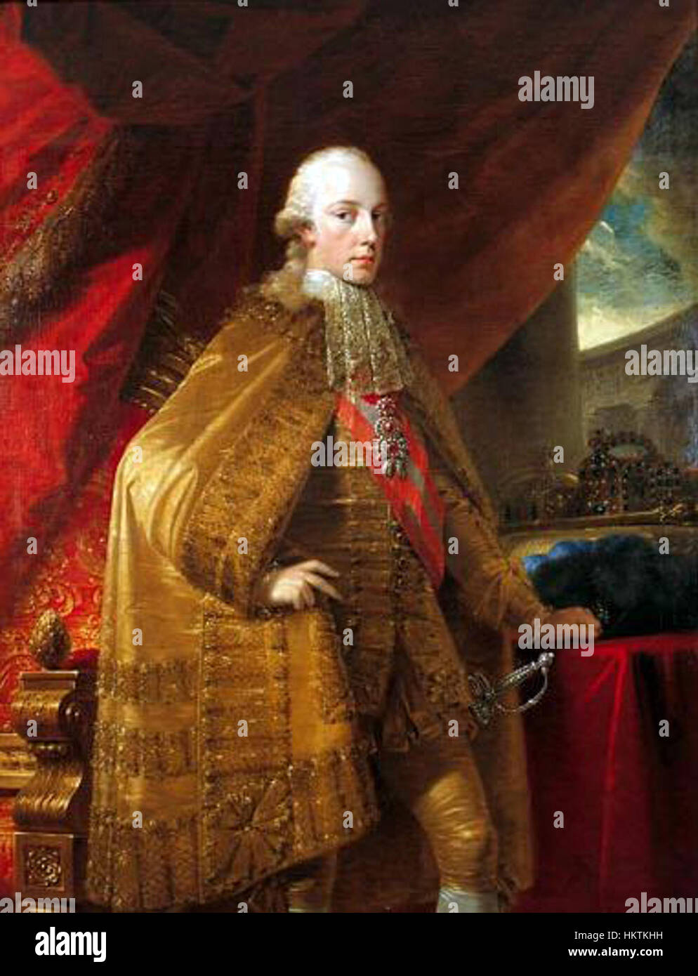 Questo ritratto di Francesco II, l'ultimo imperatore del Sacro Romano Impero, riflette il suo significato nella storia europea. Il dipinto lo raffigura in abiti cerimoniali, mostrando l'opulenza del suo regno e la sua posizione di monarca durante l'inizio del XIX secolo. Foto Stock