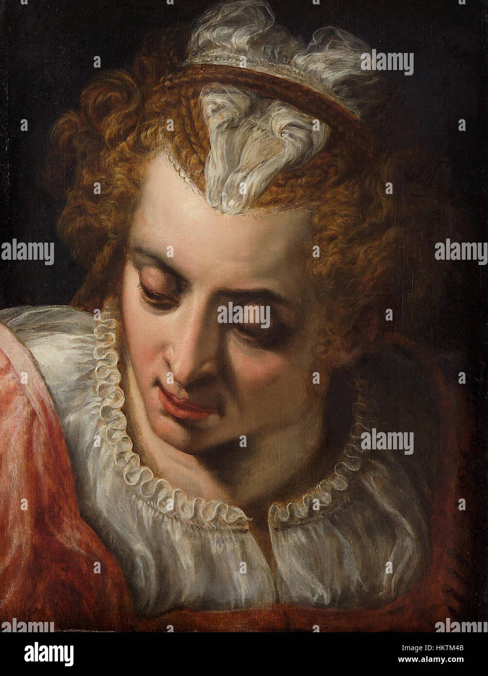 Lo "Studio del capo di una donna" di Frans Floris dimostra la sua abilità nello studio delle figure e nella padronanza nella cattura dell'espressione umana. Questo disegno dettagliato riflette l'attenzione del Rinascimento sull'anatomia e l'emozione umana. Foto Stock