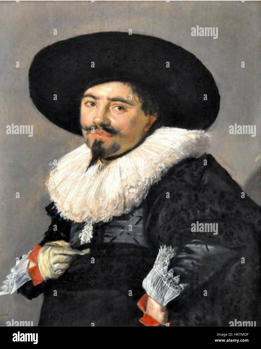 Il ritratto di Frans Hals di un uomo con un cappello a larghe zampe cattura la firma dell'artista e lo spirito vivace e spontaneo del secolo d'oro olandese. La posa e l'abbigliamento sicuri del soggetto riflettono lo stile alla moda del periodo. Foto Stock