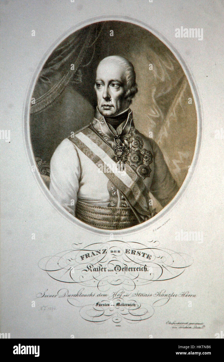 Una litografia intitolata *Franz i Litho Lieder*, con un ritratto o una scena legati all'imperatore Francesco i d'Austria. Questo lavoro evidenzia il significato storico e culturale della monarchia asburgica. Foto Stock