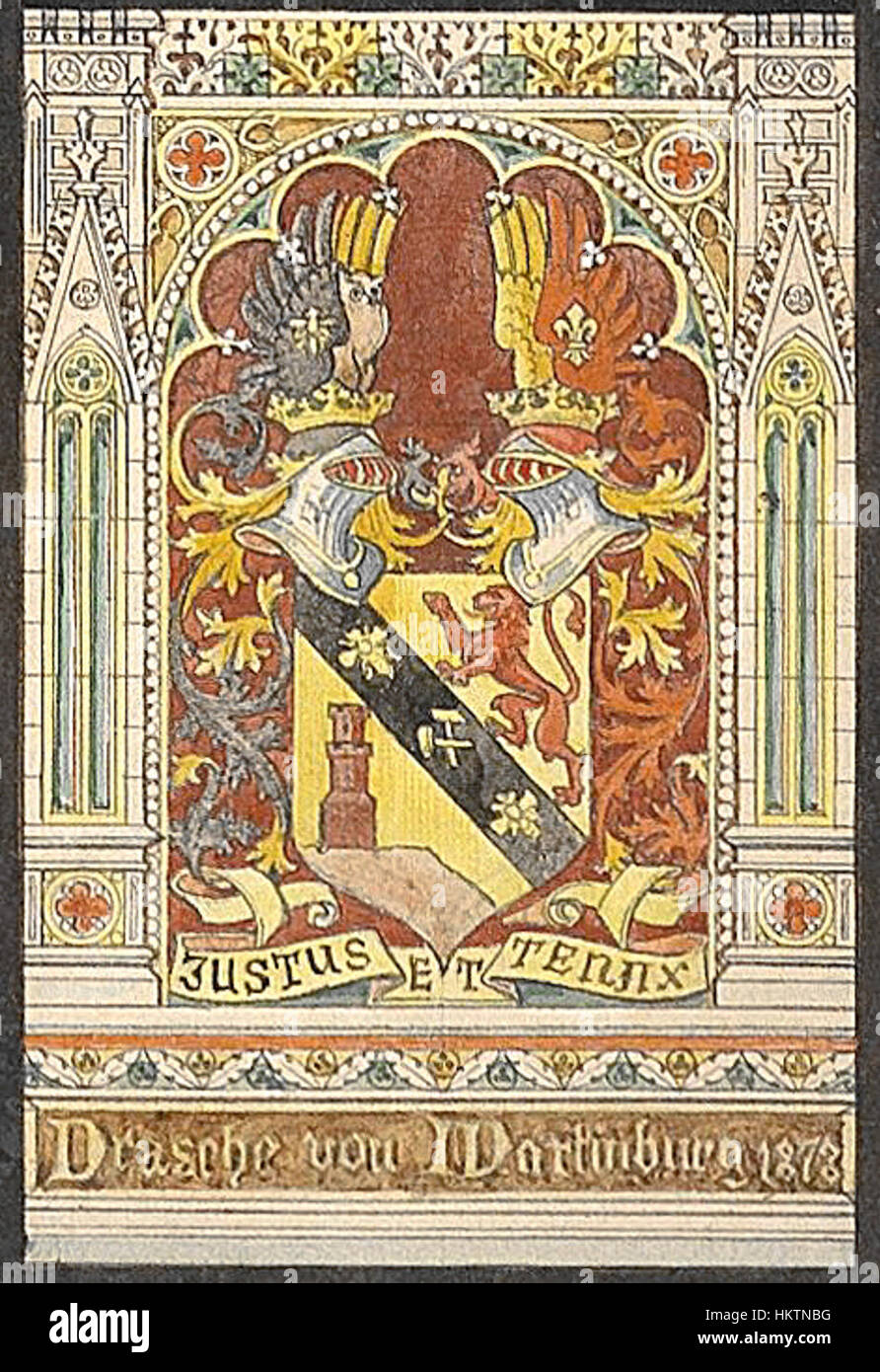 Questo disegno dettagliato di Franz Jobst raffigura una vetrata per la Votivkirche di Vienna. La finestra presenta uno stemma araldico come parte dei suoi intricati elementi visivi, che mostrano l'abilità dell'artista nell'arte religiosa e nella lavorazione del vetro. Foto Stock