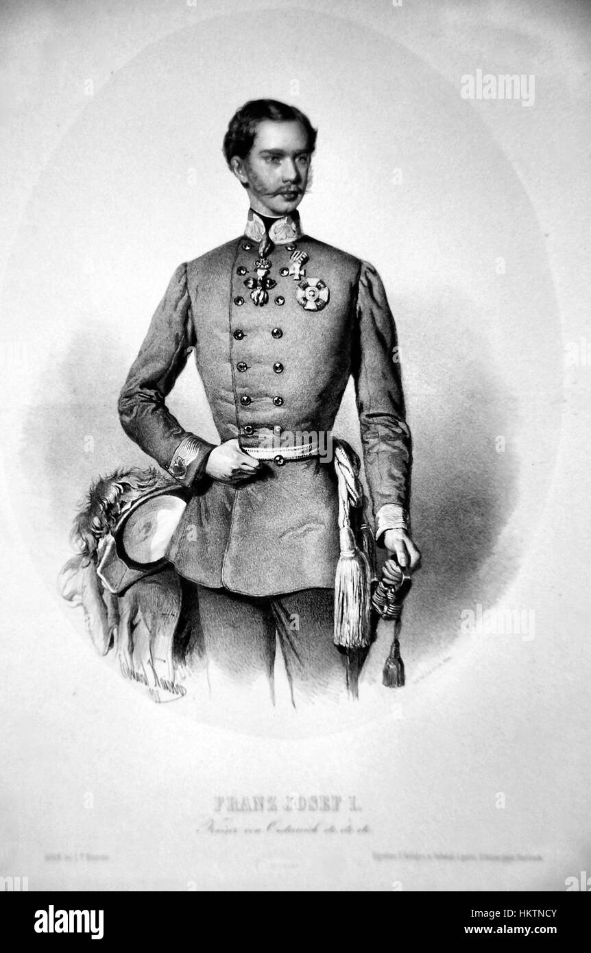 Questa litografia ritrae l'imperatore Francesco Giuseppe i d'Austria, catturando le sembianze del sovrano. La stampa riflette il significato storico del suo regno nell'Impero austriaco durante il XIX e l'inizio del XX secolo. Foto Stock