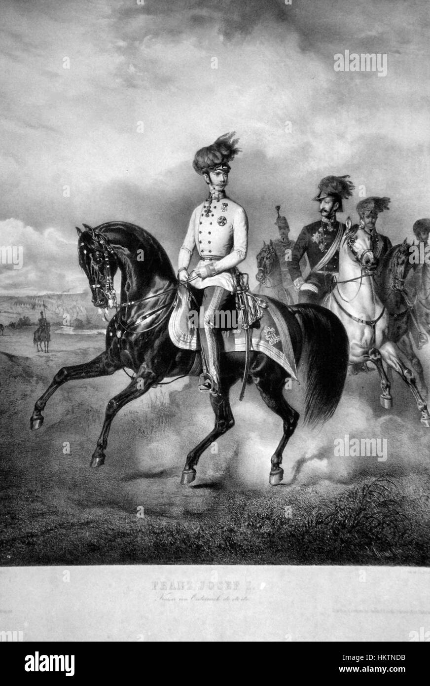 Franz Joseph I. zu Pferd è una litografia raffigurante l'imperatore Francesco Giuseppe i d'Austria a cavallo. L'opera riflette l'iconografia imperiale e il ruolo significativo dell'imperatore nella storia austriaca ed europea. Foto Stock