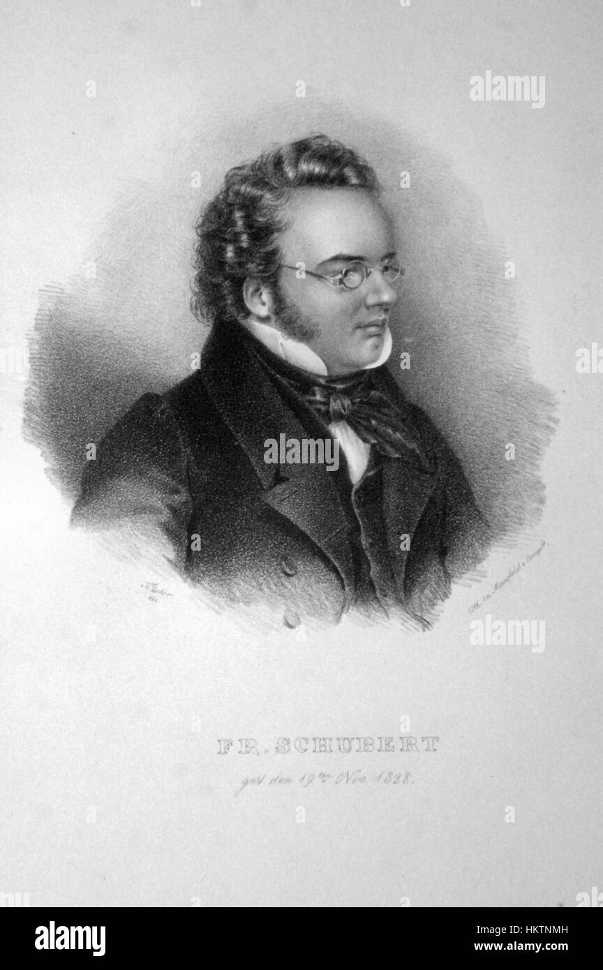 Questa litografia di Franz Schubert, creata da Teltscher, cattura le somiglianze del famoso compositore austriaco. L'opera è un importante ritratto storico che riflette l'impatto di Schubert sulla musica classica e sulla storia culturale europea. Foto Stock