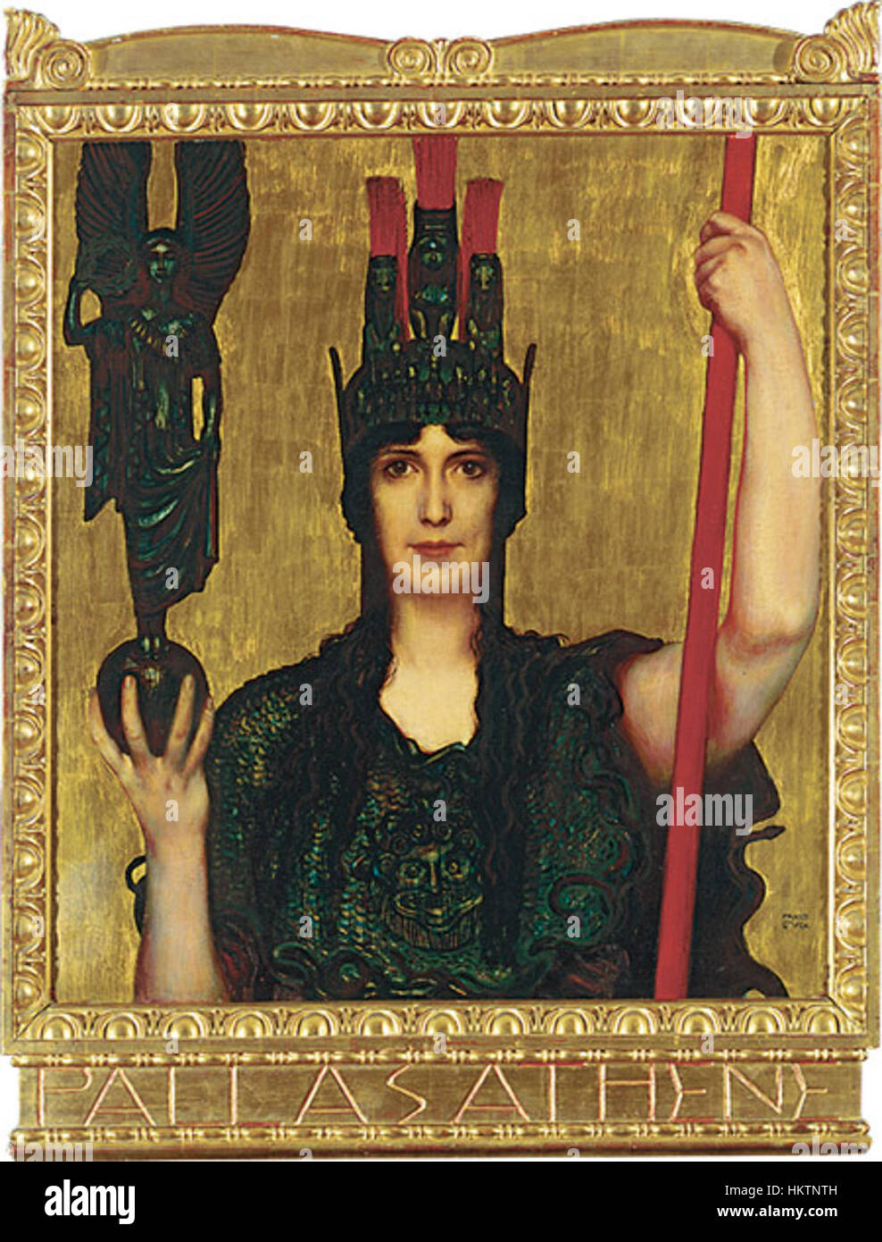 Il dipinto del 1898 di Franz von Stuck "Pallas Athene" presenta una scena mitologica con la dea greca della saggezza e della guerra raffigurata in intricati dettagli. Questa immagine specifica si concentra su un dettaglio chiave, mostrando la caratteristica miscela di simbolismo, allegoria e realismo drammatico dell'artista. Foto Stock