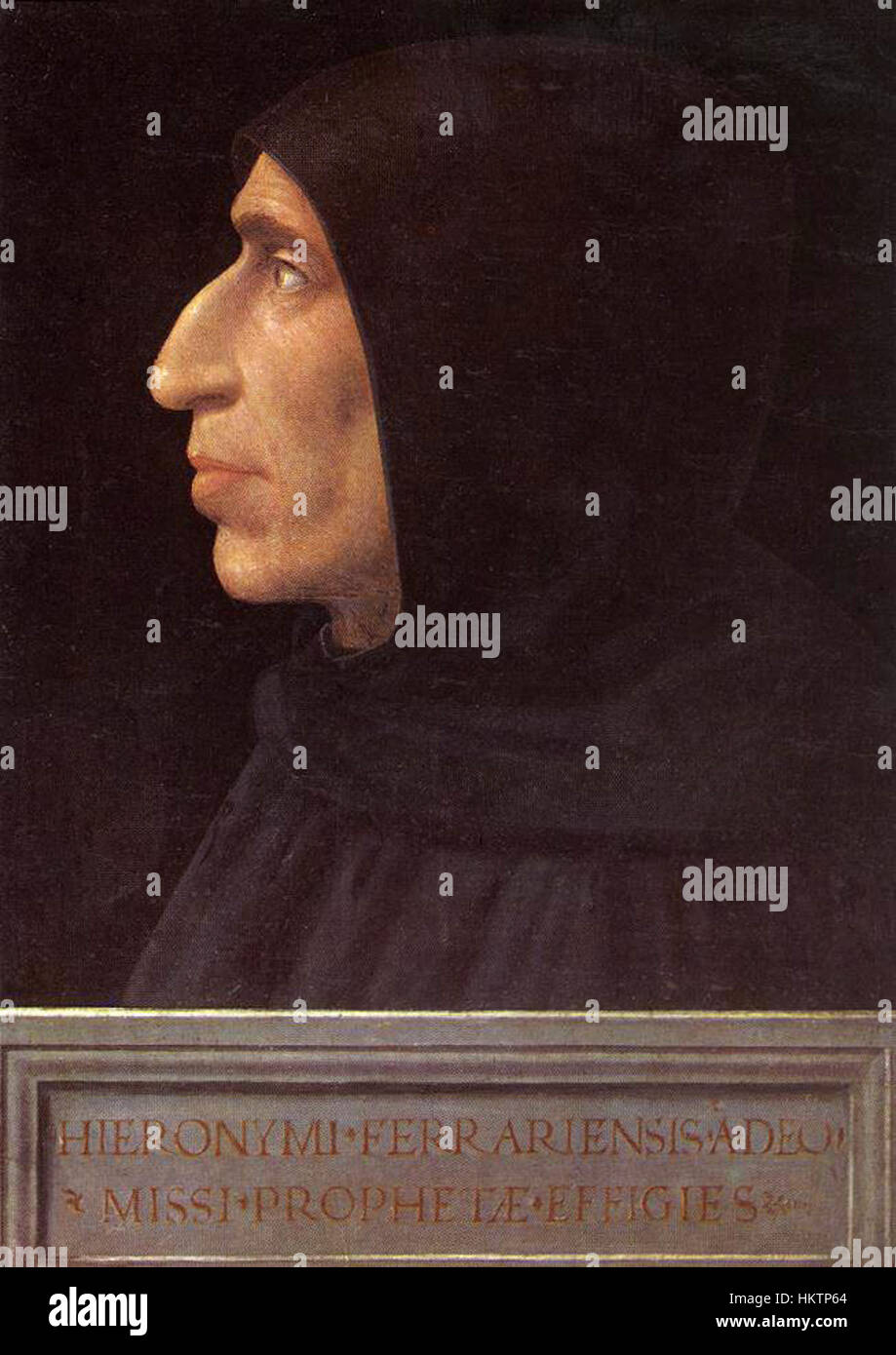 Il "Ritratto di Girolamo Savonarola" di fra Bartolomeo raffigura il frate e predicatore domenicano che divenne una figura centrale nella Firenze rinascimentale. Il dipinto riflette l'intensa espressione di Savonarola, evidenziando il suo ruolo nella vita politica e religiosa dell'Italia. Foto Stock