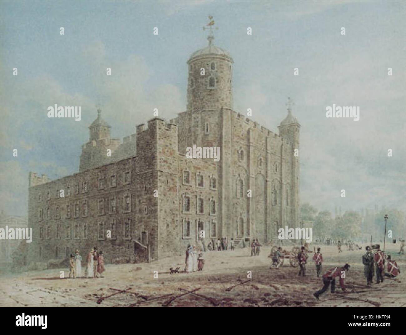 Il dipinto di Frederick Nash della Torre Bianca cattura il punto di riferimento storico nella sua grandezza architettonica. La rappresentazione dettagliata riflette il significato della torre nella storia britannica e il suo status iconico come parte della Torre di Londra, un simbolo essenziale del patrimonio medievale dell'Inghilterra. Foto Stock