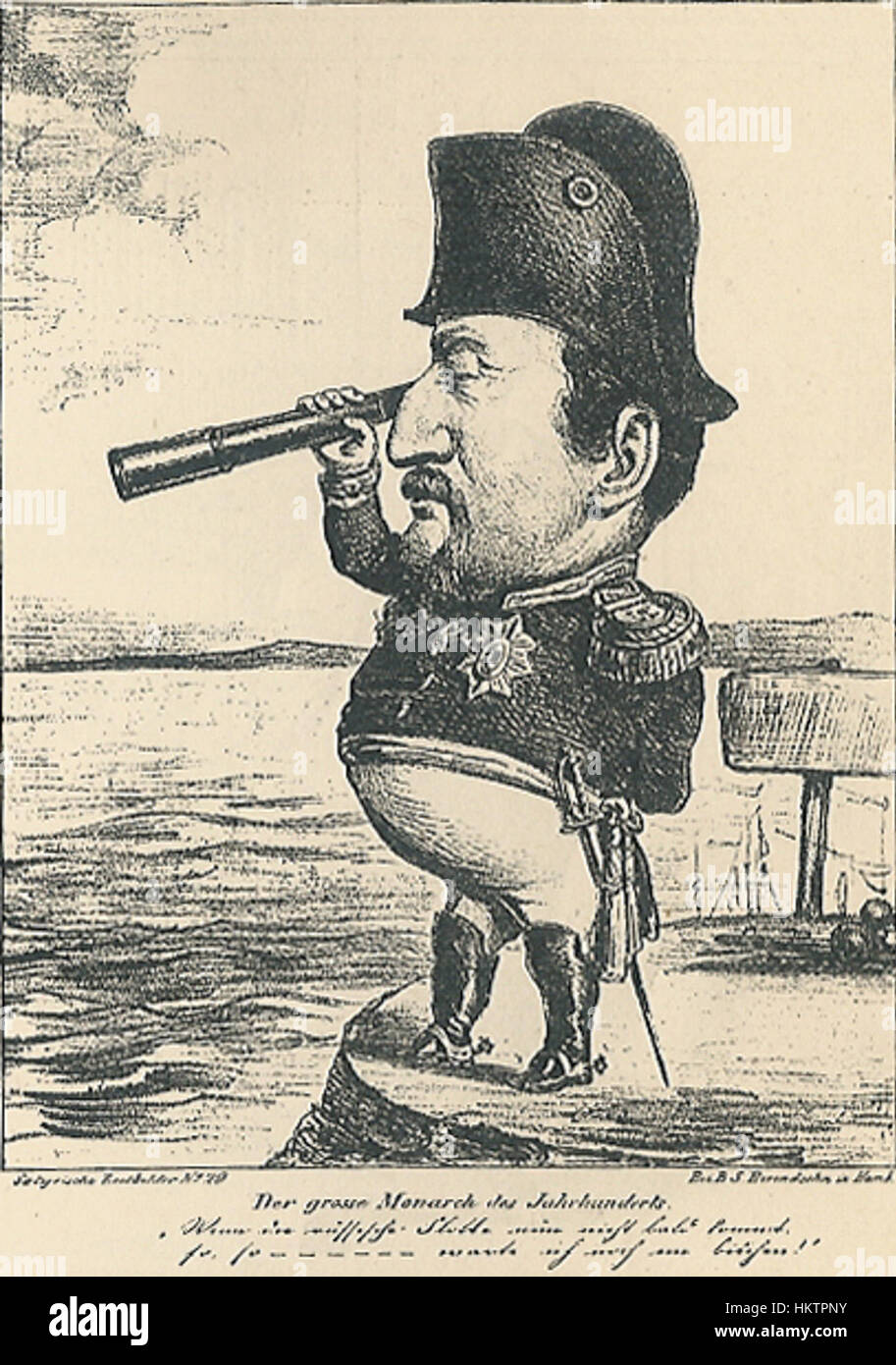 Questa caricatura del re Federico VII di Danimarca illustra il re in uno stile esagerato, una tecnica comune usata nell'arte satirica. L'opera riflette l'umorismo e il commento politico spesso incorporati nelle caricature di figure storiche. Foto Stock