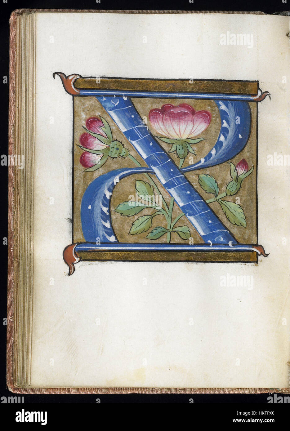 Questa foglia storica di un libro dell'alfabeto francese, parte della collezione del Walters Art Museum, mostra una calligrafia intricata e un'illustrazione tipica del design medievale dei manoscritti. Foto Stock