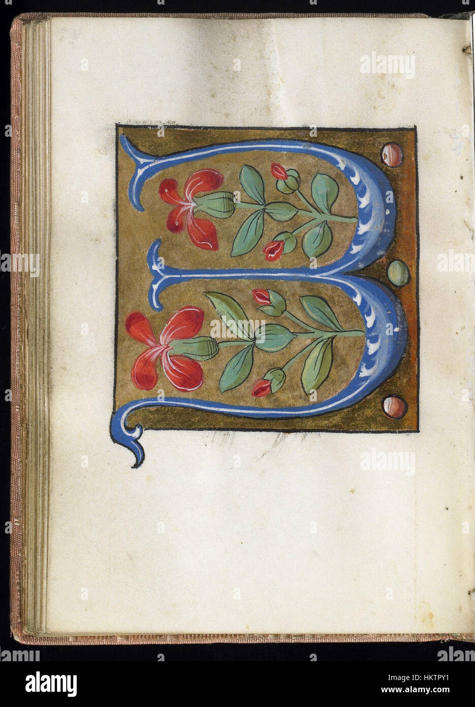 Questa foglia di un libro di alfabeto francese, conservato presso il Museo d'Arte Walters, mostra intricati disegni di lettere e illuminazioni del XV secolo, offrendo uno sguardo agli strumenti educativi medievali. Foto Stock