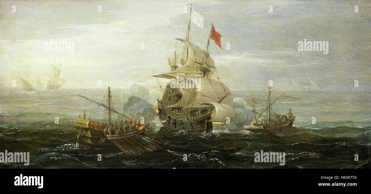 Un dipinto storico raffigurante una nave navale francese sotto attacco da parte dei pirati barbareschi. Questa scena mette in evidenza le minacce affrontate dalle potenze marittime europee durante le guerre barbaresche all'inizio del XIX secolo. Foto Stock