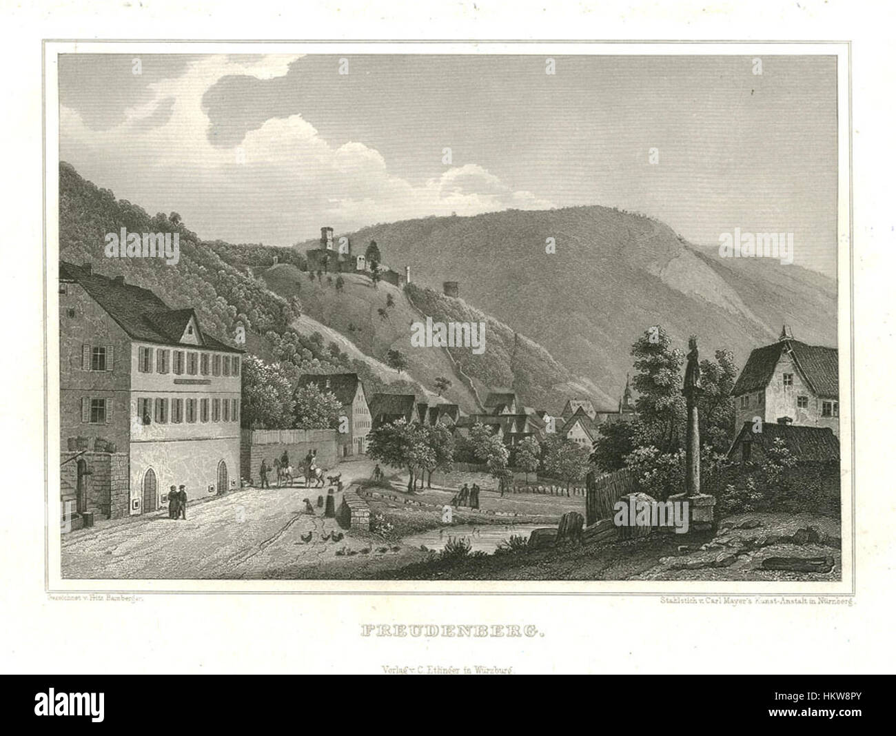 Questa incisione in acciaio del 1847 di Freudenberg cattura una scena storica dettagliata, offrendo approfondimenti sui metodi artistici e gli stili culturali del XIX secolo. Foto Stock