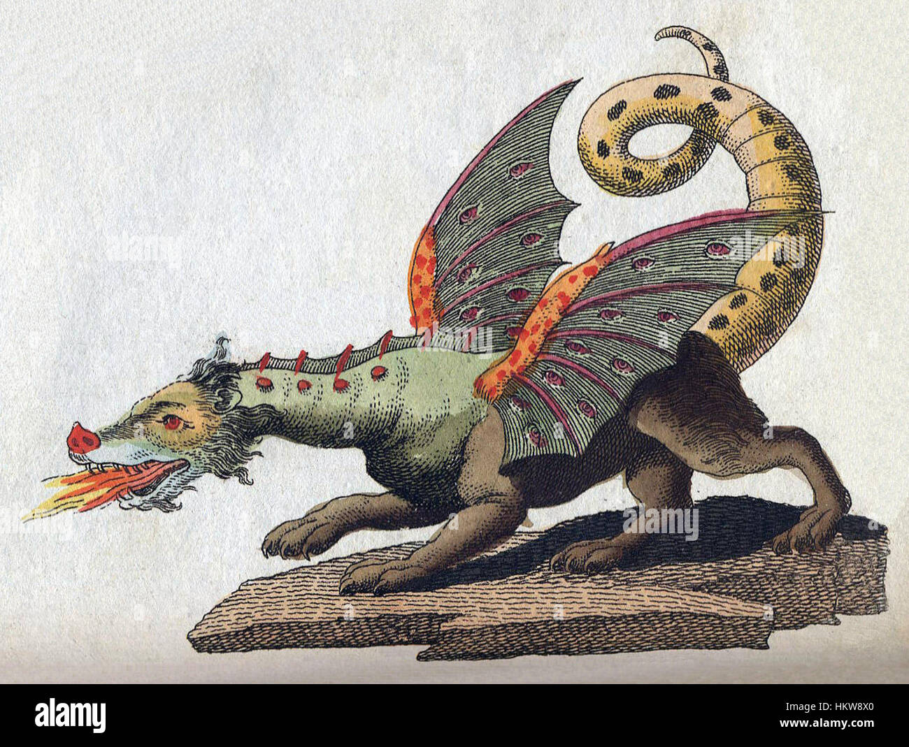 Questa opera d'arte, creata da Friedrich Johann Justin Bertuch nel 1806, raffigura un drago mitico. Bertuch, un artista e naturalista tedesco, era noto per il suo lavoro che documentava animali e creature in modo stilizzato e fantasioso. Il drago fa parte dell'esplorazione di Bertuch del folklore e della storia naturale, mescolando temi mitologici e naturalistici. Foto Stock