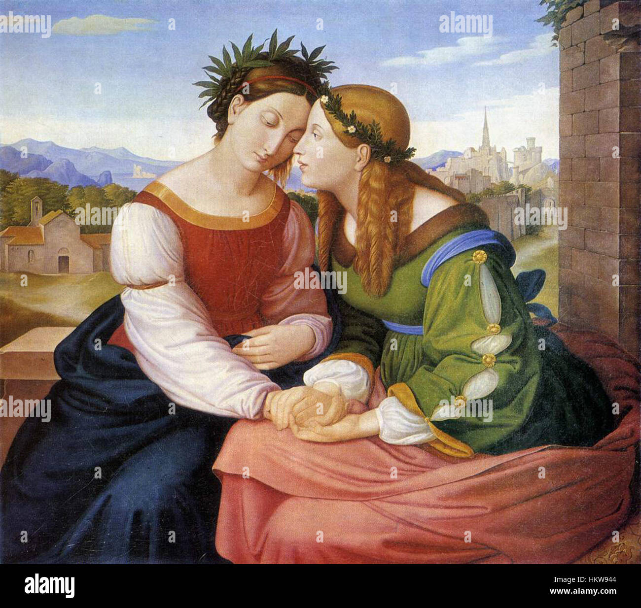 "Italia e Germania" di Friedrich Overbeck simboleggia l'unità culturale e artistica di Italia e Germania. Il dipinto ad olio, creato nel XIX secolo, è un segno distintivo del movimento Nazareno, che mescola il romanticismo con temi religiosi e nazionali. Foto Stock