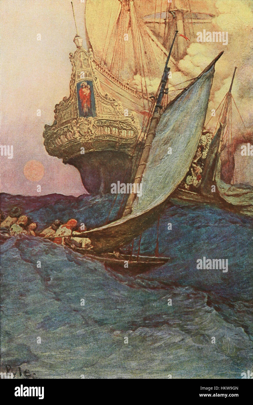 Un'illustrazione frontespizio che raffigura un attacco drammatico a un galeone, catturando un conflitto navale durante l'era dell'esplorazione, mostrando la guerra marittima e le battaglie navali. Foto Stock