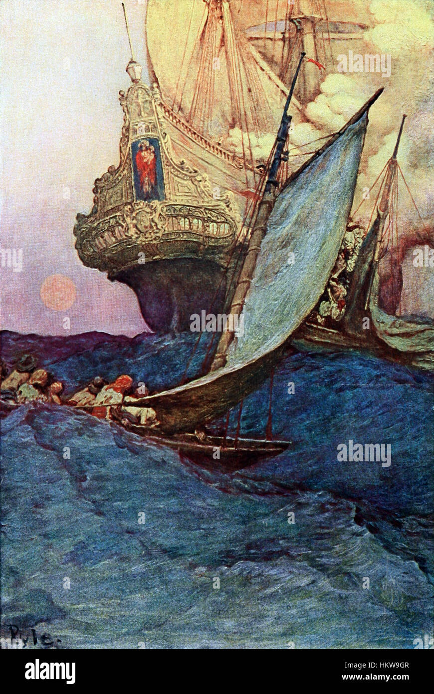 Questa illustrazione frontespizio raffigura un attacco a un galeone, mettendo in evidenza le battaglie navali dell'era della vela. Mostra i feroci combattimenti e gli scontri drammatici tra le navi durante questo periodo storico, sottolineando la guerra marittima. Foto Stock