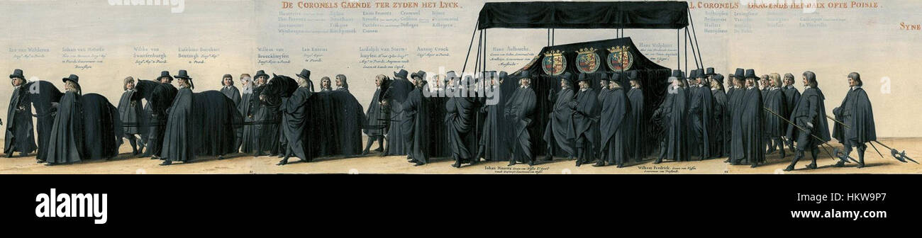 Questa dettagliata rappresentazione mostra la processione funebre di Frederik Hendrik, principe d'Orange, che riflette la grandezza delle tradizioni reali olandesi del XVII secolo e gli aspetti cerimoniali del suo funerale. Foto Stock