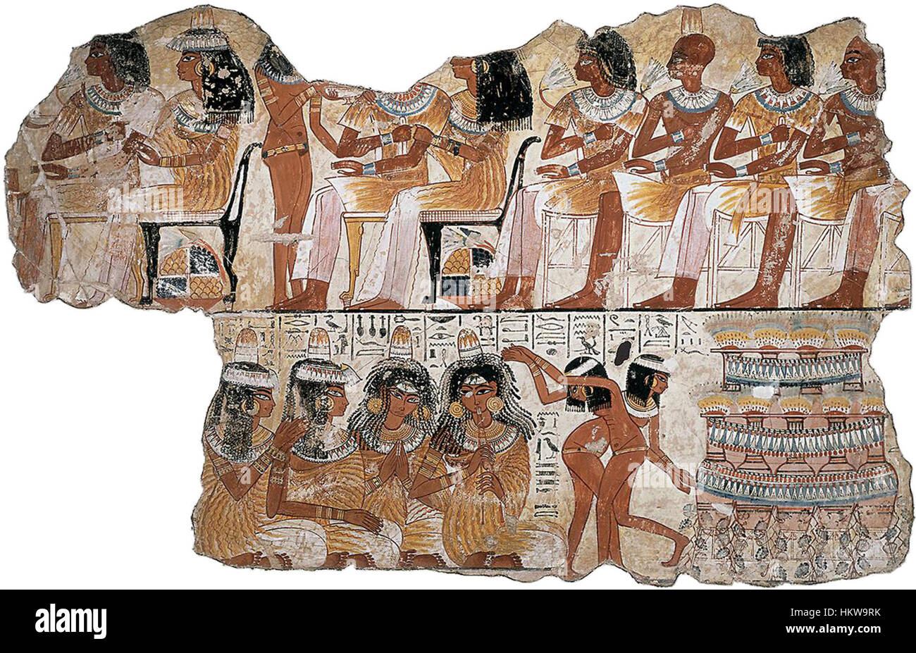 Il "banchetto funerario di Nebamun" è un antico affresco egizio proveniente dalla tomba di Nebamun, che mostra un'opulenta scena di banchetti con musicisti, ballerini e banchetto, che illustra la cultura elitaria dell'antico Egitto. Foto Stock