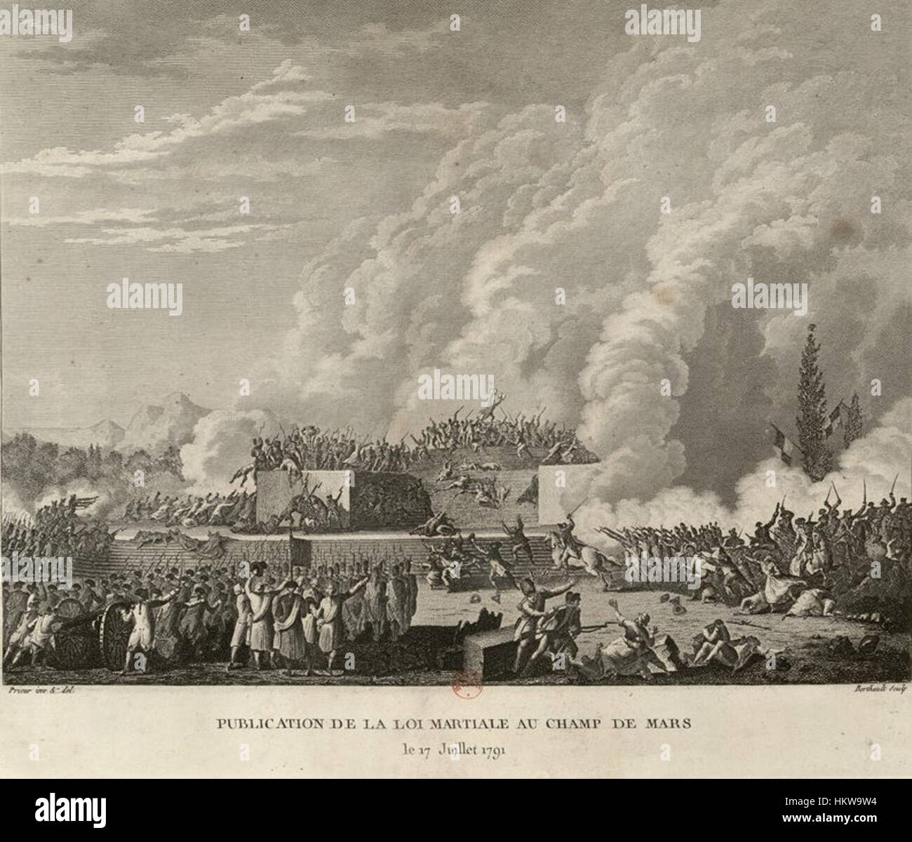 Questo dipinto raffigura la tragica fusillade du Champ de Mars, un evento chiave durante la Rivoluzione francese il 17 luglio 1791. L'immagine cattura il momento della violenza militare mentre i rivoluzionari si scontrano con le forze francesi nel campo di Marte. Foto Stock