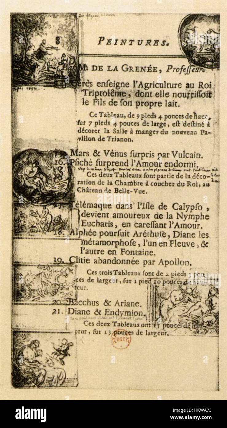 Il Catalogo del Salon del 1769, creato da Gabriel Jacques de Saint-Aubin, offre un resoconto dettagliato degli artisti e delle opere presenti in questa mostra parigina. L'opera di catalogazione di Saint-Aubin fornisce una preziosa visione dell'arte francese del XVIII secolo, documentando le opere più significative del periodo e riflettendo le tendenze artistiche dell'Illuminismo. Foto Stock