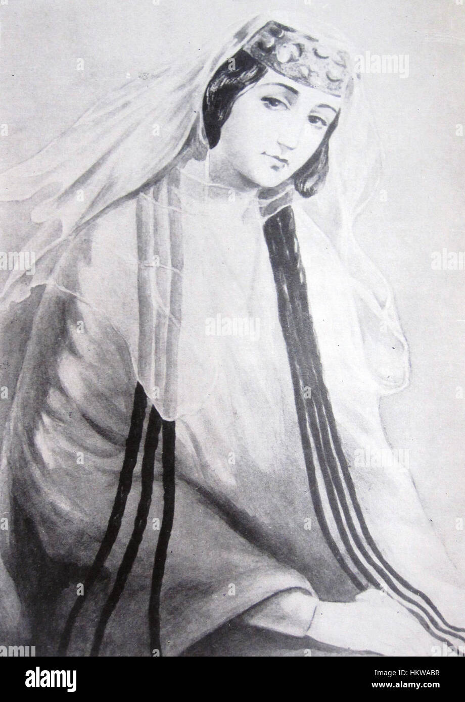Questo dipinto di Gagarin raffigura la principessa Maiko Orbeliani, una figura notevole nella storia georgiana. L'opera d'arte mette in mostra la sua regalità e la complessità dell'abbigliamento di corte georgiana, riflettendo la ricchezza culturale del periodo. Foto Stock