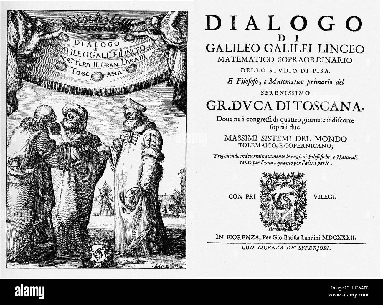 Questo pezzo rappresenta il frontespizio del dialogo di Galileo, un'opera significativa nella storia della scienza. L'opera d'arte mette in mostra una miscela di temi storici e scientifici, evidenziando i contributi di Galileo all'astronomia moderna. La rappresentazione comprende dettagli intricati e uno stile artistico classico, sottolineando l'importanza delle scoperte di Galileo. Foto Stock
