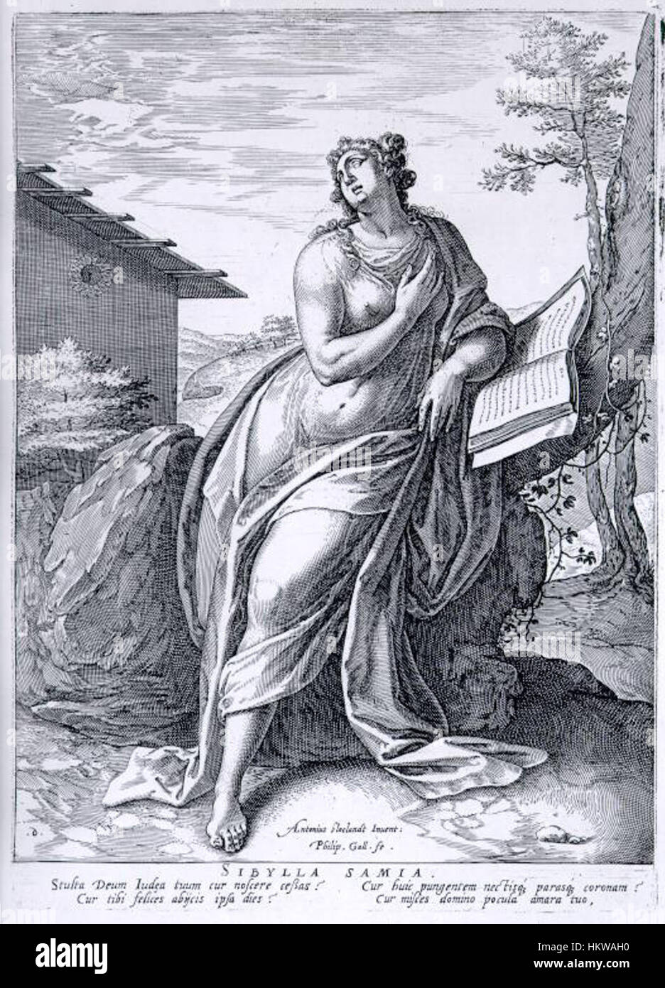 *Samian Sibyl* di Philip Galle è un'incisione classica che rappresenta l'antica Sibilla greca, ritenuta una figura profetica. L'opera si basa su un tema mitologico tradizionale, che mostra l'abilità dell'artista nel catturare soggetti storici e mitologici in uno stile di incisione dettagliato e preciso. Foto Stock