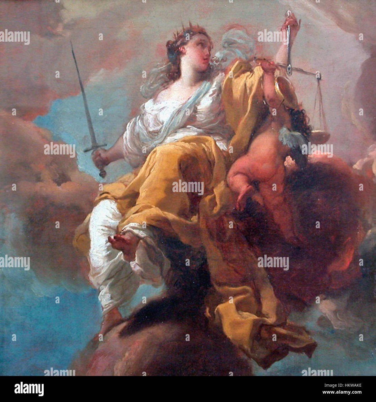 "Allegoria della giustizia" di Gandolfi è un bell'esempio di arte allegorica italiana del XVIII secolo. Il dipinto utilizza immagini simboliche per rappresentare il concetto di giustizia, con varie figure e motivi che raffigurano le virtù morali e giuridiche associate all'equità. Foto Stock