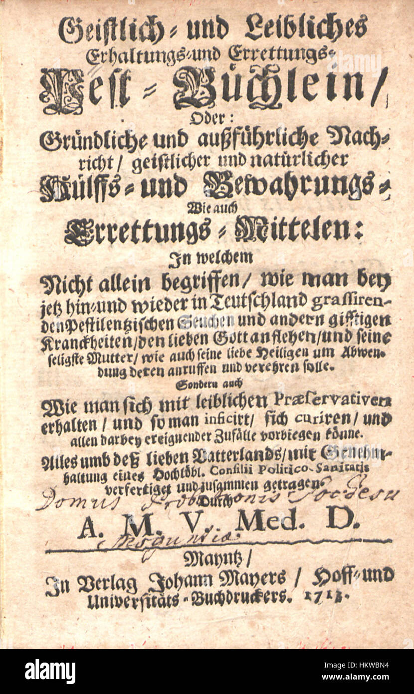 *Geistlich- und leibliches Erhaltungs- und Errettungs-Pest-Buechlein* è un opuscolo del XVII secolo incentrato sulla conservazione spirituale e fisica durante la peste. Offre una guida per il benessere delle persone che affrontano la pestilenza. Foto Stock