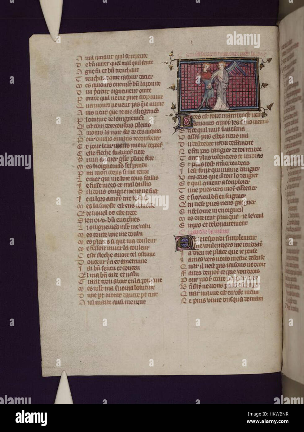 La pagina 14v di "le Roman de la Rose", un poema allegorico medievale francese, conservato nelle biblioteche Bodleiane, illustra un momento chiave del testo. Il manoscritto è un importante esempio di cultura letteraria e artistica medievale. Foto Stock