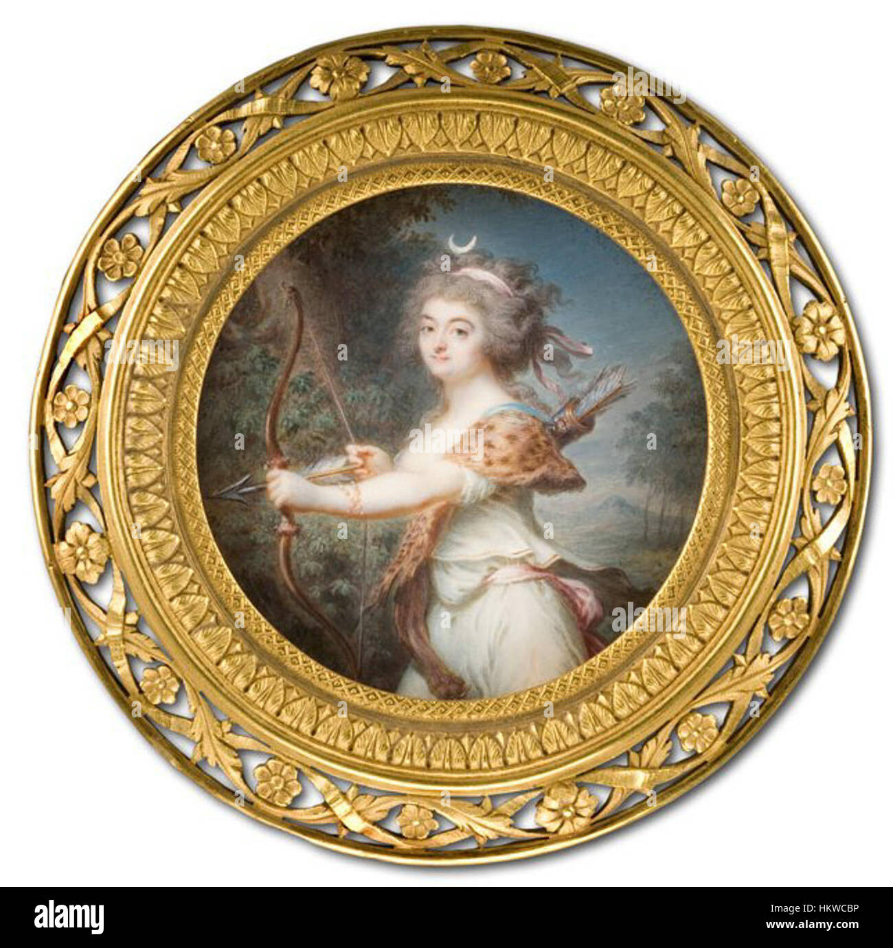 Lady as Diana, c.1780-5, è un acquerello in avorio di Georges Nicolas Toussaint Augustin, noto anche come Augustin Dubourg. Il dipinto raffigura una donna nel ruolo della dea romana Diana, mostrando la delicata tecnica dell'artista e l'enfasi sui temi neoclassici nella ritrattistica. Foto Stock