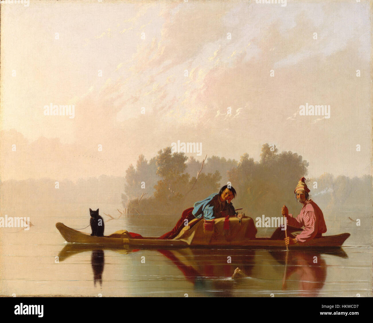 "Fur Traders Descending the Missouri" di George Caleb Bingham ritrae la vita dei commercianti di pellicce che viaggiano lungo il fiume Missouri. Il dipinto è un esempio chiave dell'arte americana del XIX secolo, che riflette la vita e l'economia di frontiera del paese, con particolare attenzione alle difficoltà e allo stile di vita dei commercianti durante questo periodo di tempo. Foto Stock