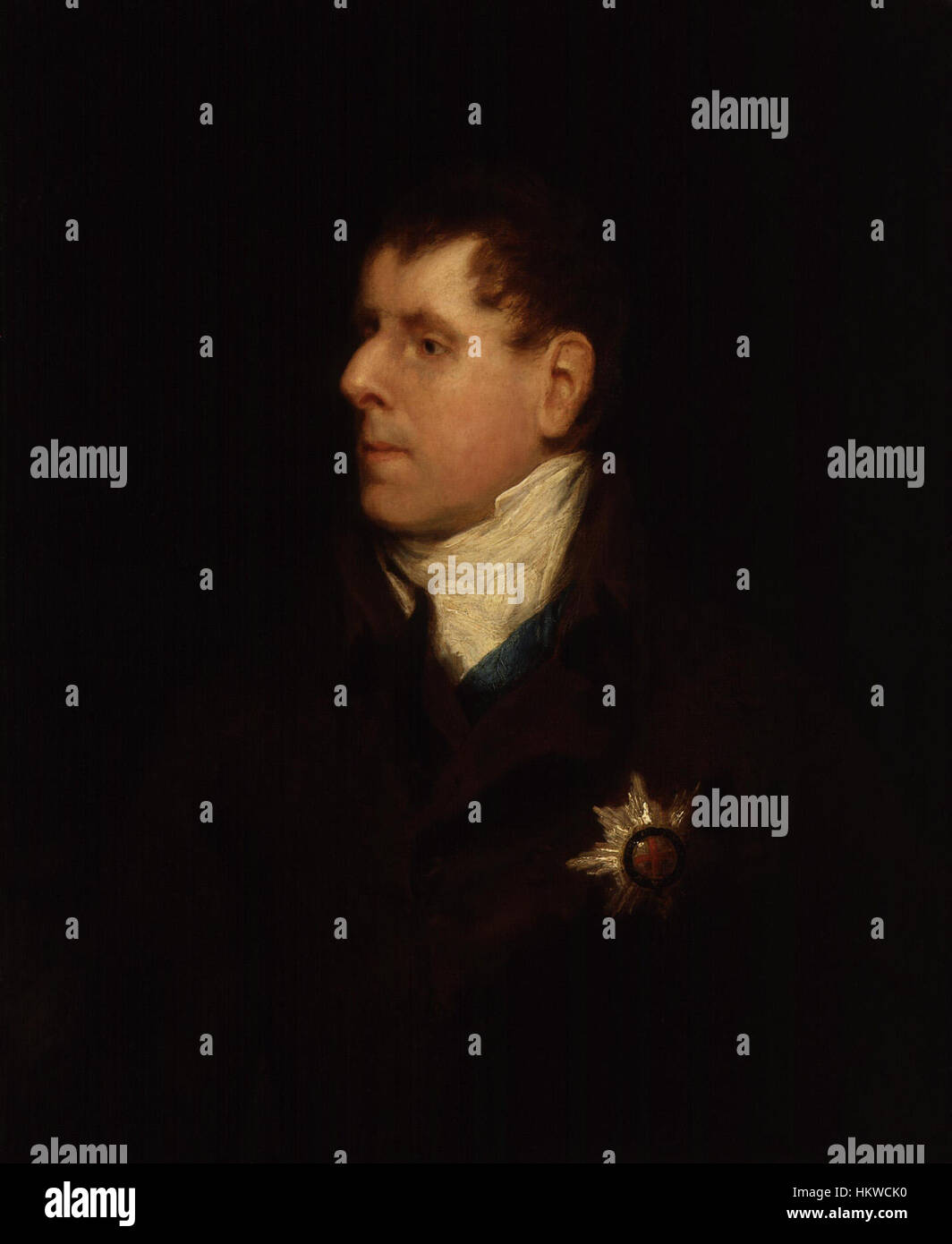 Questo ritratto di George Granville Leveson-Gower, i duca di Sutherland, fu creato dal famoso artista Thomas Phillips. L'opera d'arte mostra il duca in abiti regali, catturando il suo status e importanza durante l'inizio del XIX secolo. Foto Stock