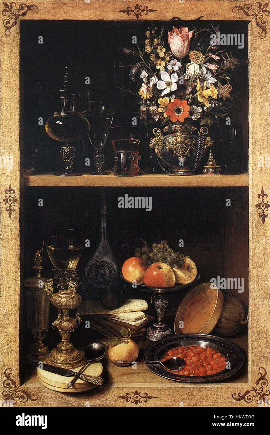 Il dipinto di natura morta di Georg Flegel, noto per i suoi intricati dettagli e l'uso della luce, mostra oggetti di uso quotidiano come cibo e bevande. L'opera di Flegel è un esempio fondamentale della pittura olandese del XVII secolo sulla natura morta, che enfatizza il realismo e la consistenza. Foto Stock