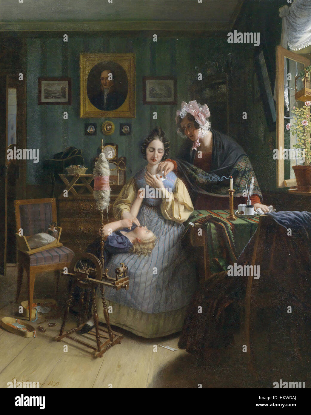 Questo dipinto del 1830 di Georg Friedrich Reichmann, intitolato *Die belauschte Spinnerin* (il giravite), raffigura una giovane donna catturata in un momento di tensione mentre gira. L'opera è nota per la sua profondità psicologica e la descrizione dettagliata della vita rurale. Foto Stock