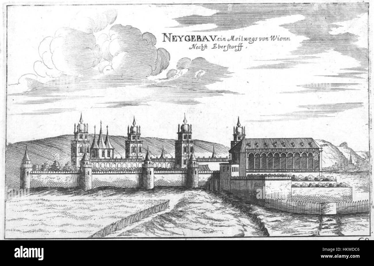 Il lavoro di Georg Matthaeus Vischer è noto per le dettagliate rappresentazioni storiche e geografiche. Questo pezzo mette in risalto il suo stile unico di creazione di mappe del XVII secolo e pittura del paesaggio. Foto Stock