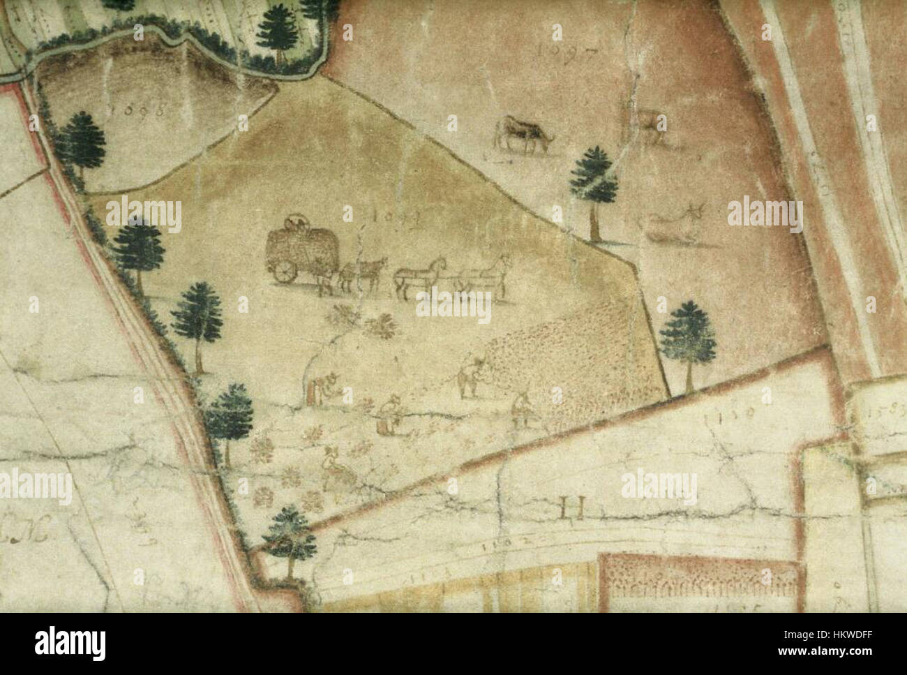 Questa mappa di *Laxton*, ospitata nelle *biblioteche Bodleiane*, fornisce una descrizione dettagliata dell'area centrale del villaggio. La mappa offre informazioni sulla struttura e le caratteristiche geografiche di Laxton, un villaggio storico noto per il suo sistema agricolo unico a campo aperto. Foto Stock
