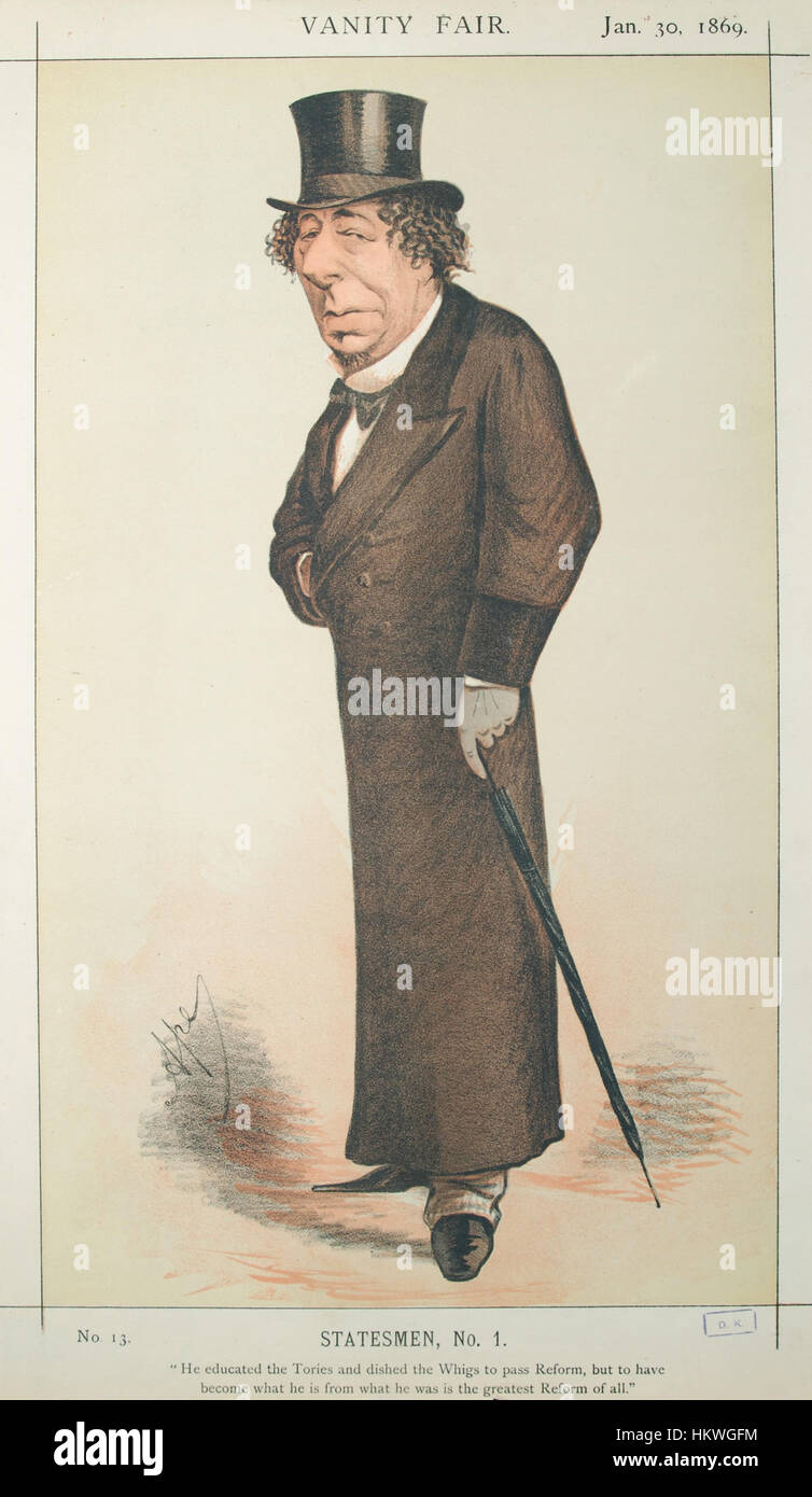 Questa caricatura di Benjamin Disraeli, pubblicata su Vanity Fair nel 1869, cattura il famoso politico britannico in uno stile satirico. Il pezzo è un classico esempio di illustrazione politica vittoriana, che riflette l'umorismo e l'arguzia acuta del commento sociale dell'epoca. Foto Stock