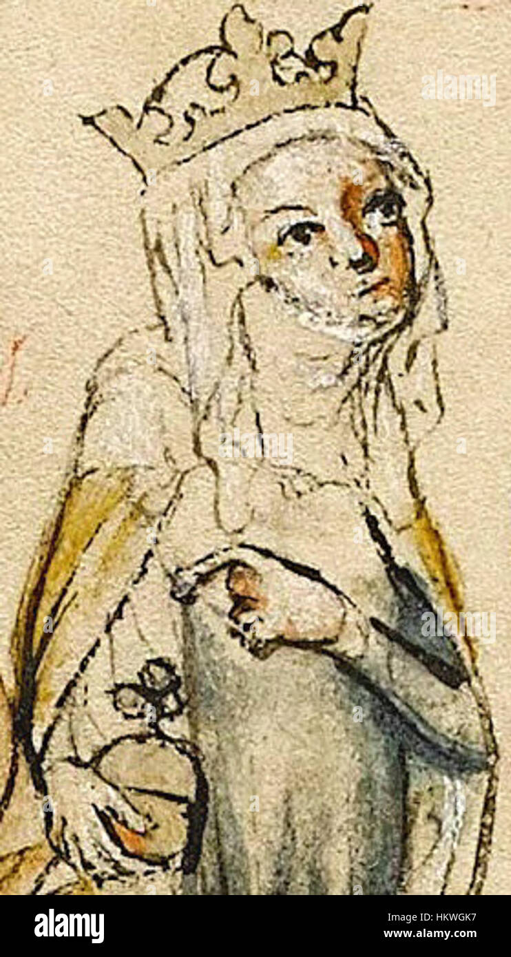 Questa opera d'arte del codice Edvige raffigura Gertrude di Merania, una figura storica nota per il suo ruolo nella politica medievale europea. Il dipinto utilizza colori vivaci per mostrare la sua importanza durante il periodo medievale, combinando narrazione storica con tecniche artistiche. Foto Stock