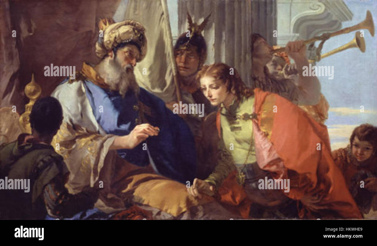 Il *Giuseppe che riceve l'anello del Faraone* di Giambattista Tiepolo raffigura il momento biblico in cui Giuseppe è elevato al potere dal Faraone, simboleggiato dalla ricezione dell'anello del sigillo reale. Il dipinto riflette la maestria di Tiepolo nella narrazione barocca e nei grandi temi storici. Foto Stock