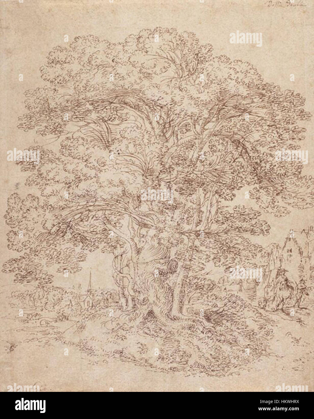 "Paesaggio con un grande albero" di Gillis Neyts ritrae una tranquilla scena naturale caratterizzata da un grande albero tra colline ondulate e cieli estesi. Questo dipinto di paesaggio mostra l'abilità di Neyts nel catturare la tranquillità della natura. Foto Stock