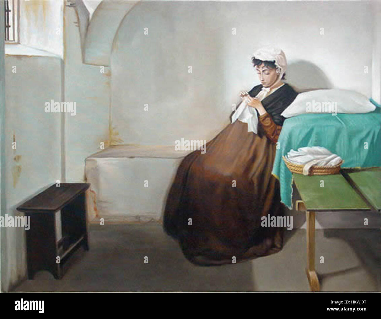 Questo dipinto di Giocchino Toma raffigura la figura storica italiana, Luisa Sanfelice, durante il suo periodo in carcere. L'opera d'arte cattura l'intensità emotiva della sua prigionia e mette in evidenza la maestria del realismo di Toma nel ritrarre la società italiana del XIX secolo. Foto Stock