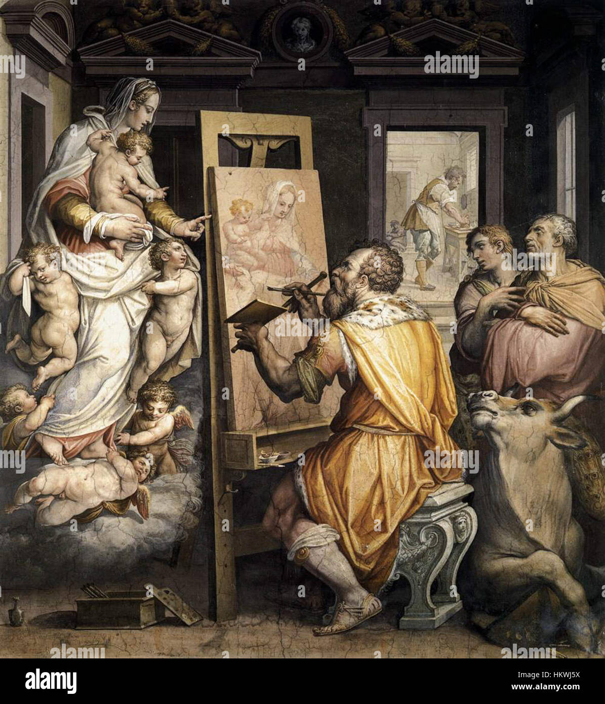 Il dipinto di Giorgio Vasari, "San Luca che dipinge la Vergine", è tipico dell'arte religiosa rinascimentale, raffigurante San Luca, il santo patrono degli artisti, mentre dipinge la Vergine Maria. Foto Stock
